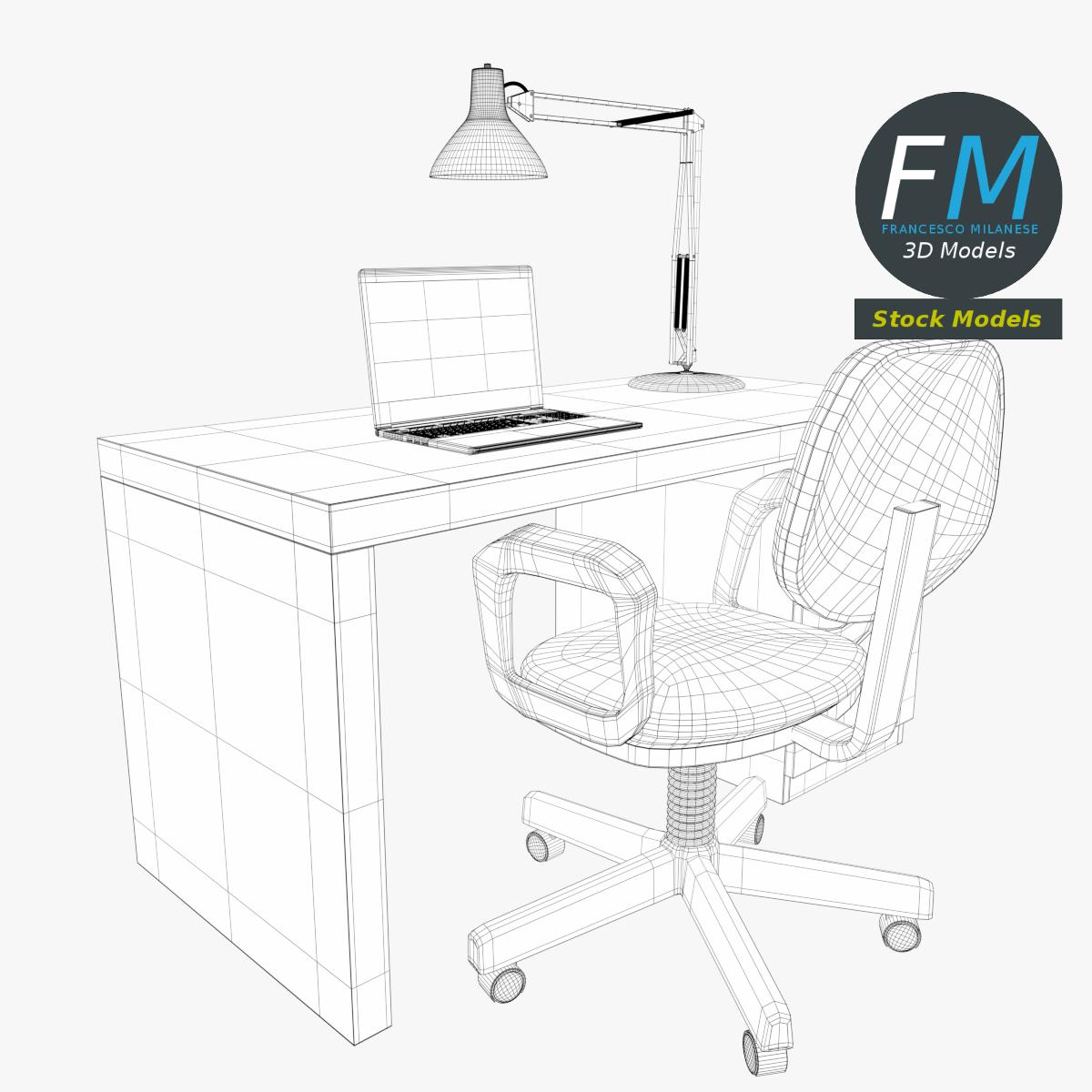 3D-Modell - Schreibtisch mit Stuhl und Laptop - 07