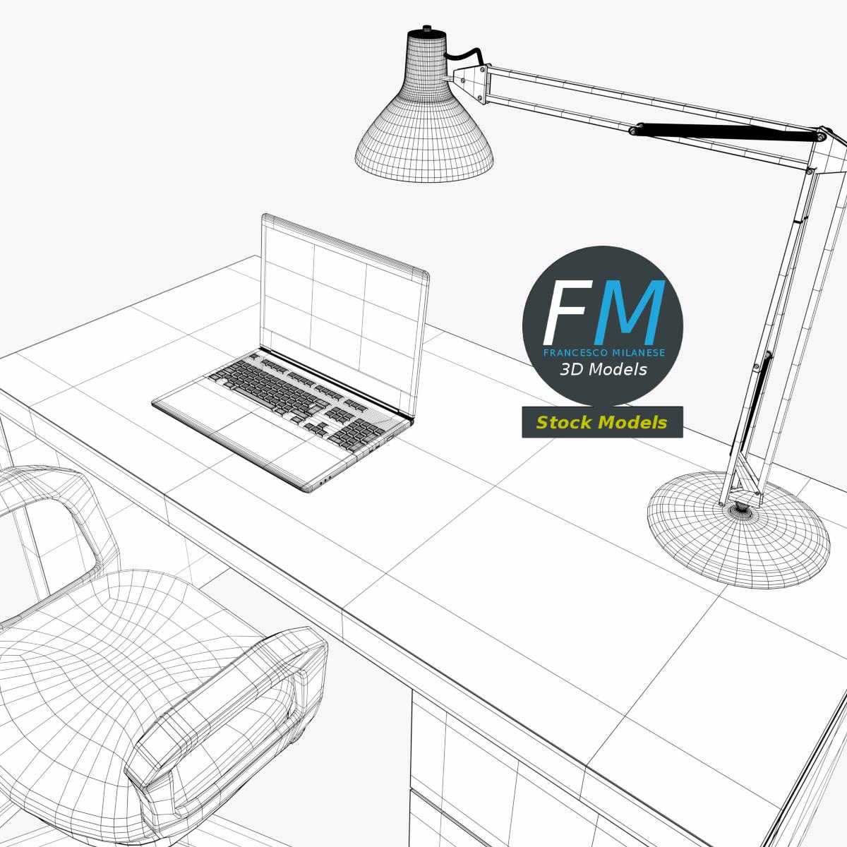 3D-Modell - Schreibtisch mit Stuhl und Laptop - 08