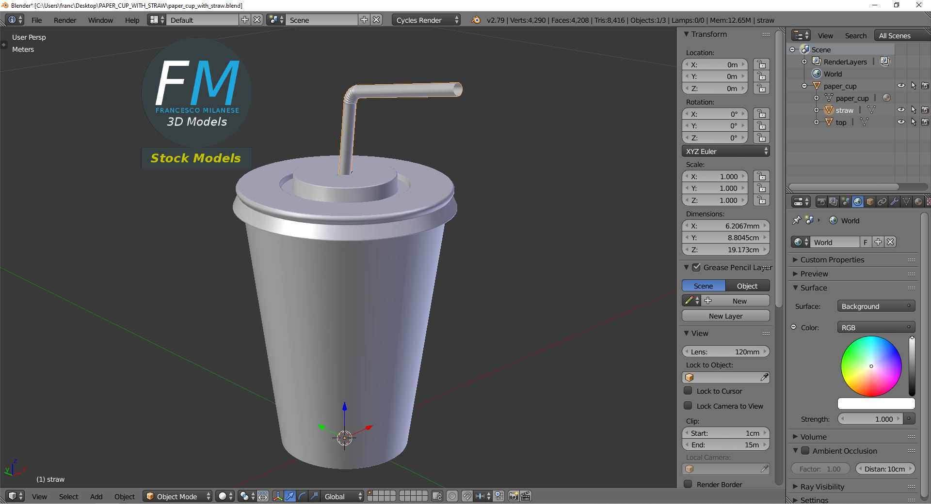 3D-Modell - Pappbecher mit Strohhalm - 09
