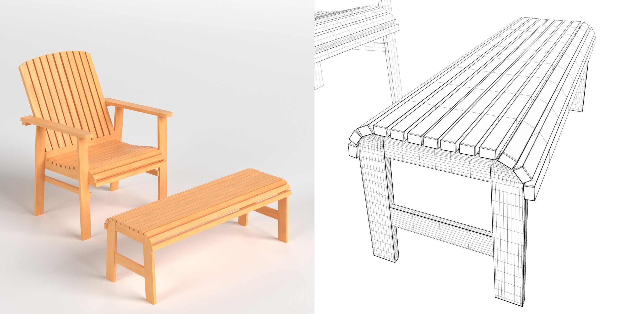 3D-Modell - Terrassenstuhl und Fußhocker aus Holz