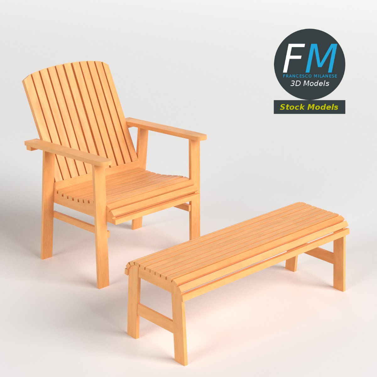 3D-Modell - Terrassenstuhl und Fußhocker aus Holz - 01