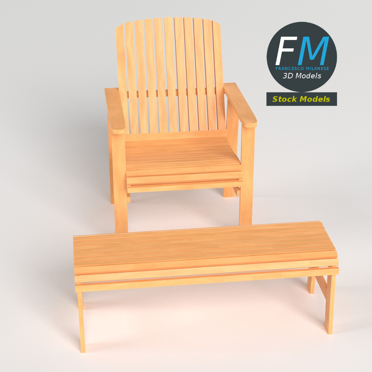 3D-Modell - Terrassenstuhl und Fußhocker aus Holz - 02