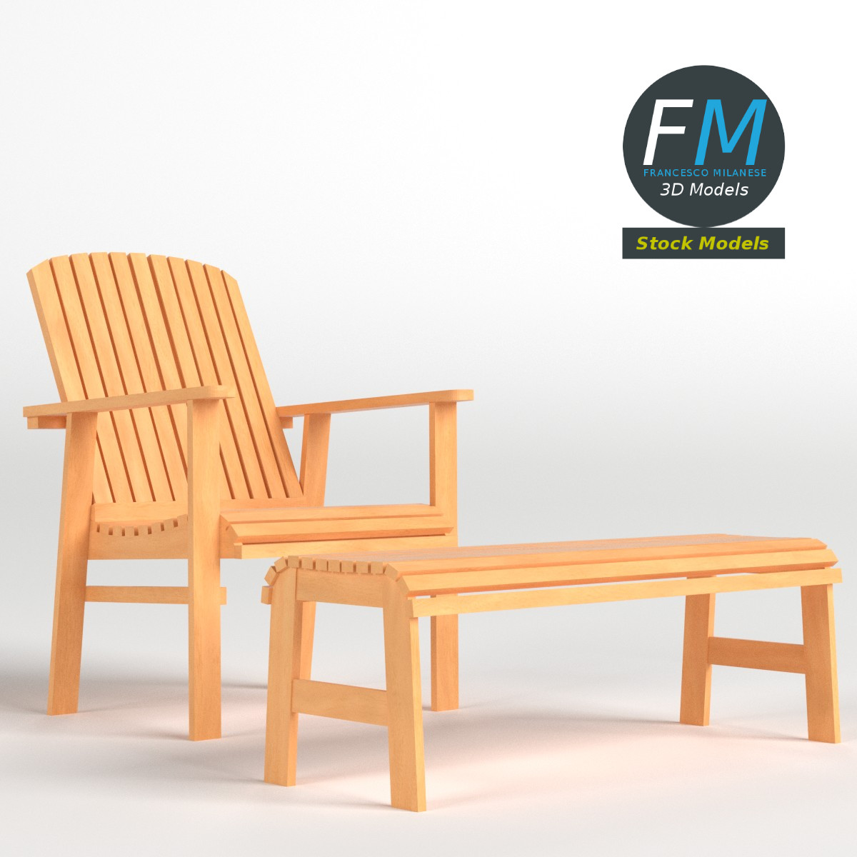 3D-Modell - Terrassenstuhl und Fußhocker aus Holz - 03