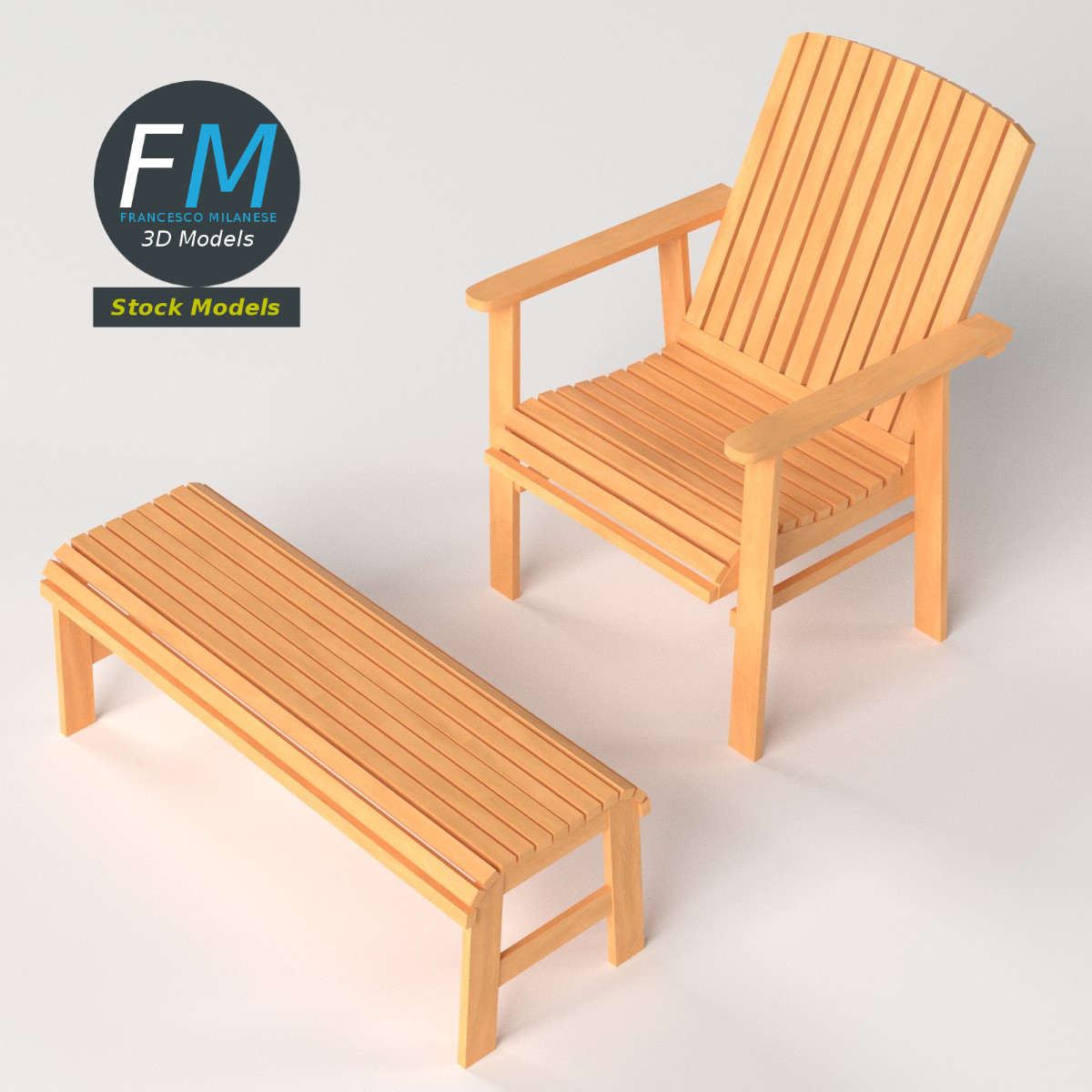 3D-Modell - Terrassenstuhl und Fußhocker aus Holz - 05