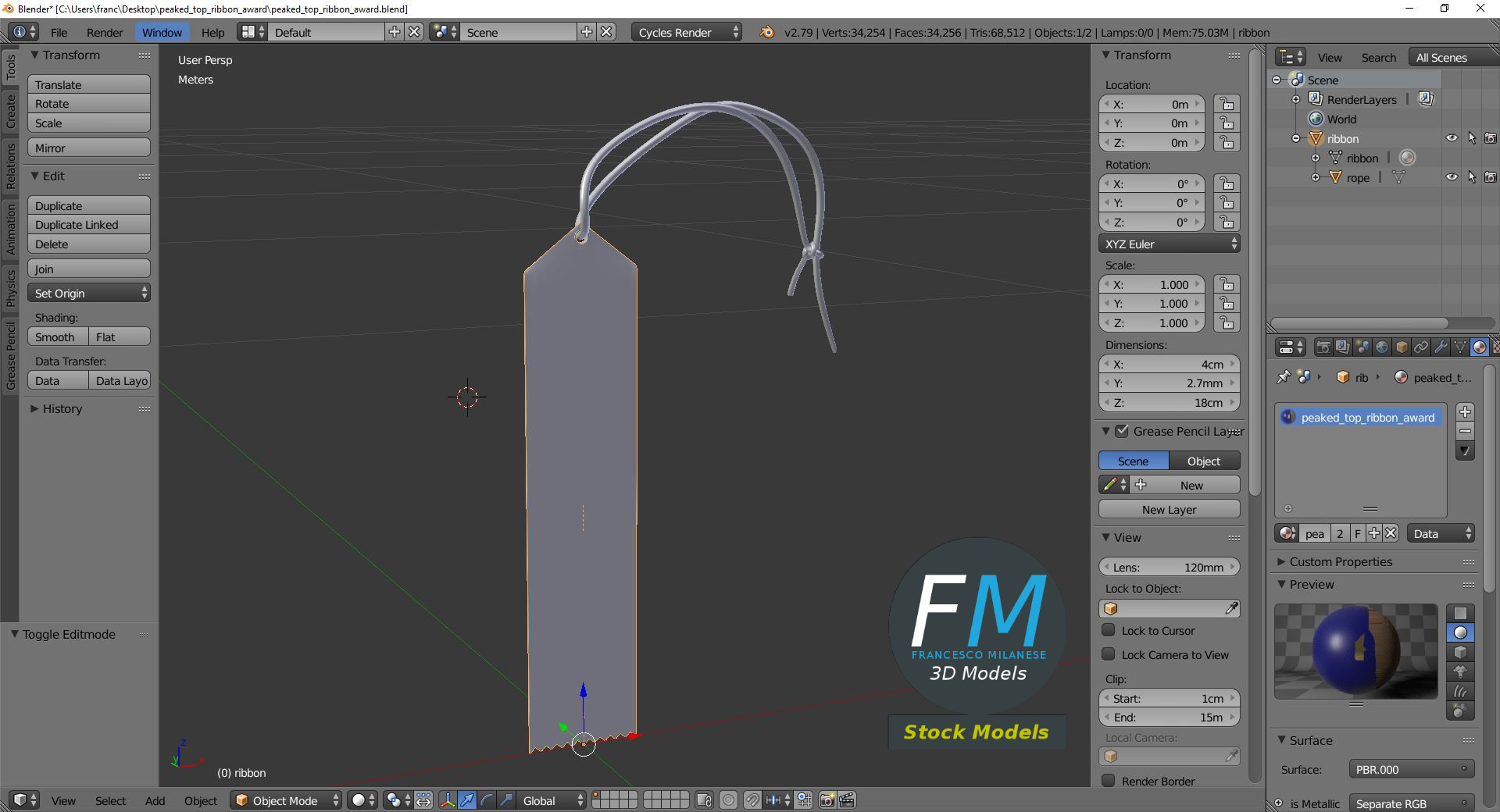 3D-Modell - Auszeichnungsband mit Spitzem Oberteil - 09