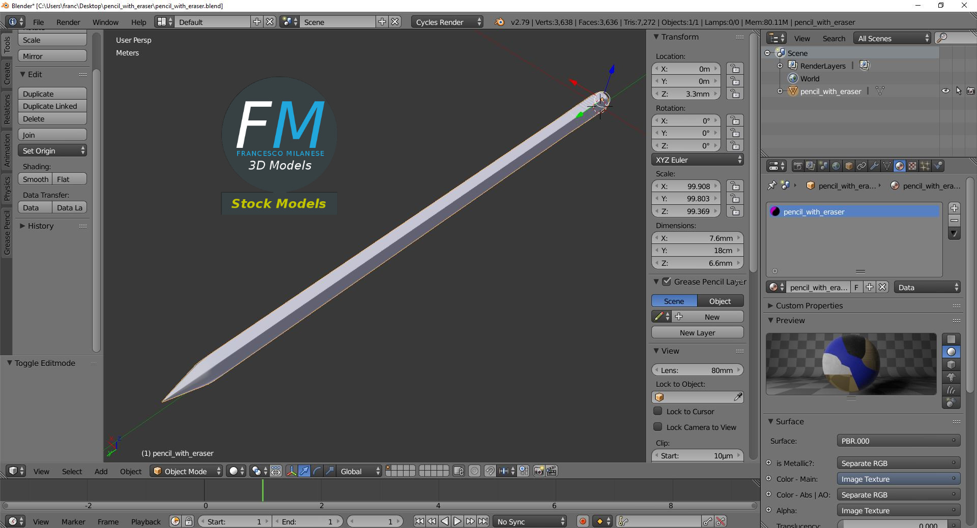 3D-Modell - Bleistift mit Radiergummi - 09