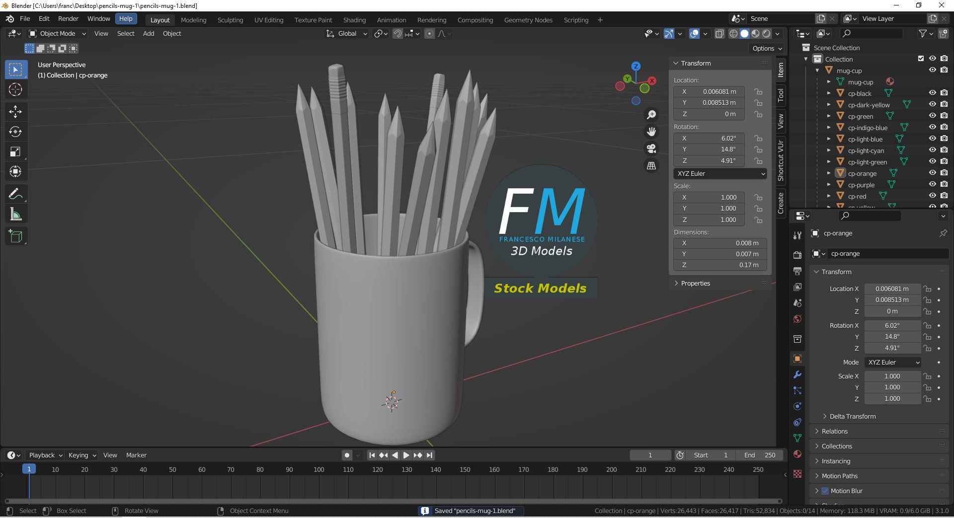 3D-Modell - Tasse als Stiftehalter mit Buntstiften - 09