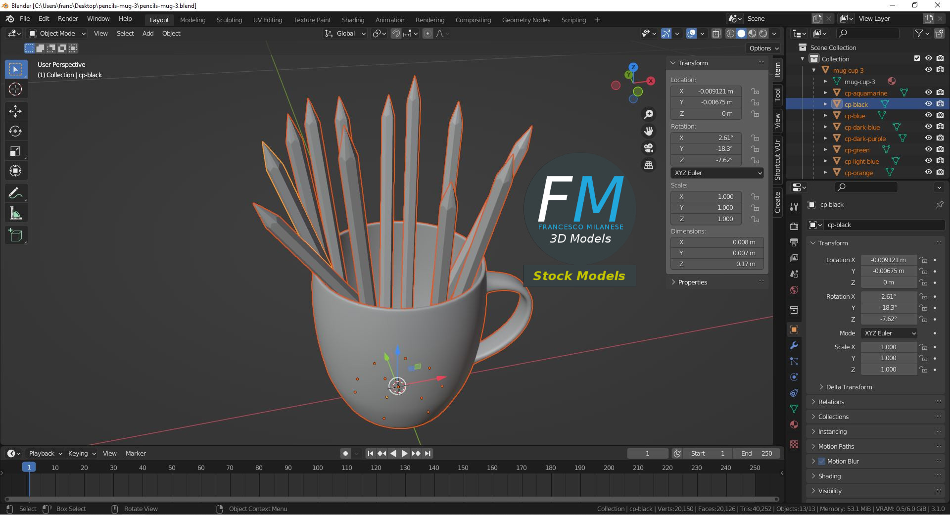 3D-Modell - Tasse mit Buntstiften - 09