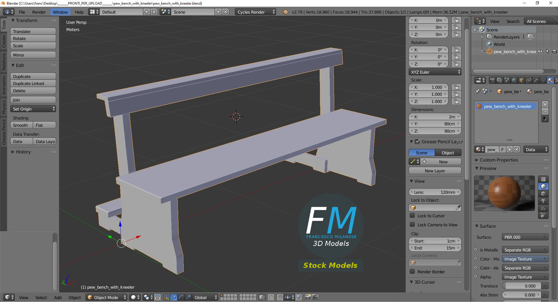 3D-Modell - Kirchenbank mit Kniebank - 09
