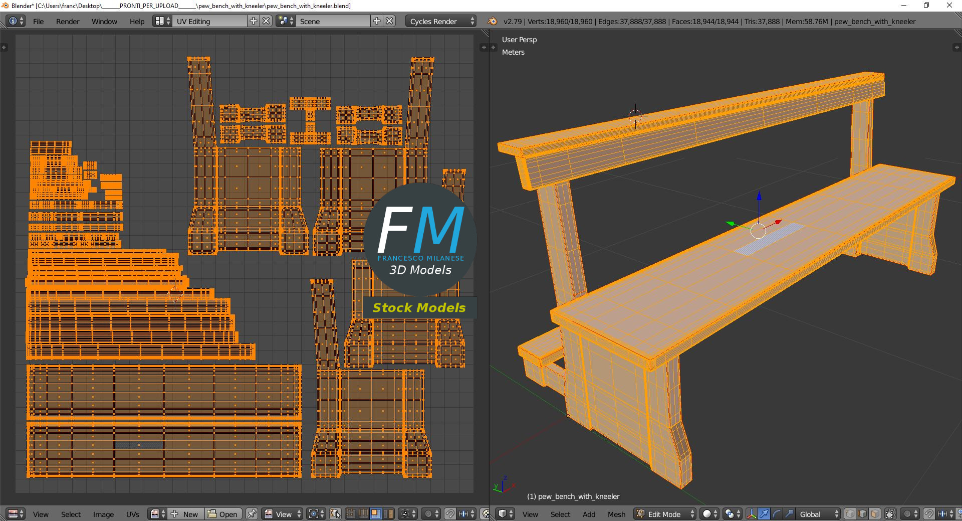 3D-Modell - Kirchenbank mit Kniebank - 10