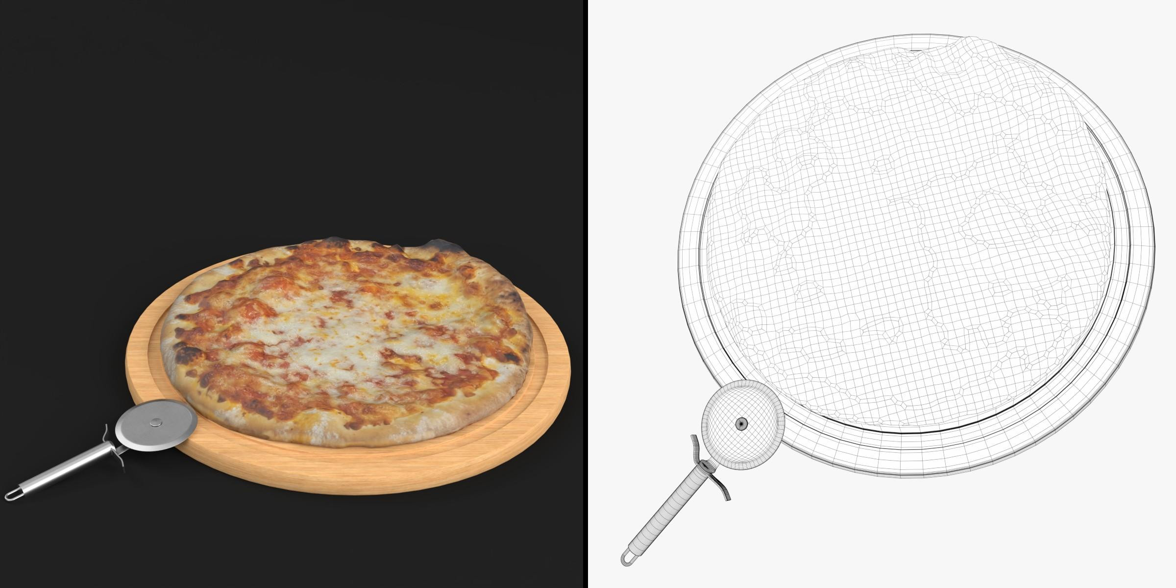 3D-Modell - Pizza und Pizzaschneider auf Brett
