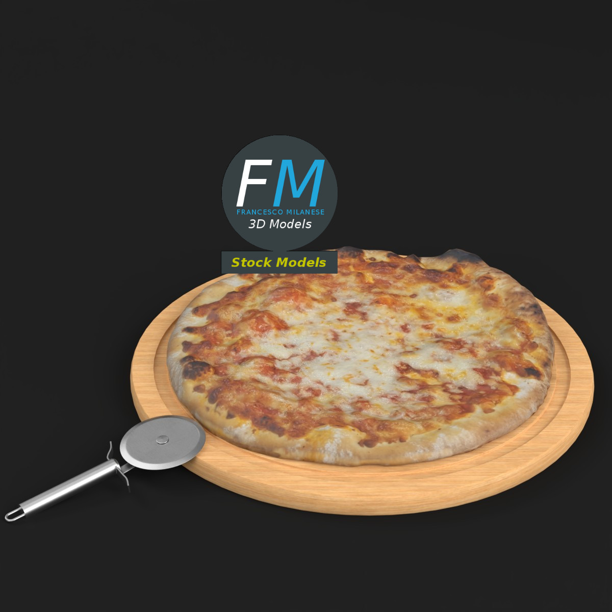 3D-Modell - Pizza und Pizzaschneider auf Brett - 01