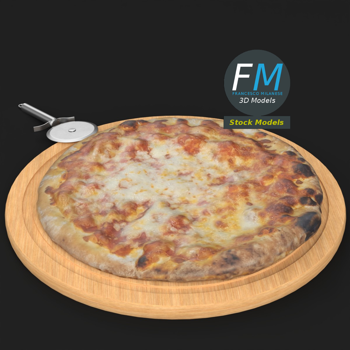 3D-Modell - Pizza und Pizzaschneider auf Brett - 02
