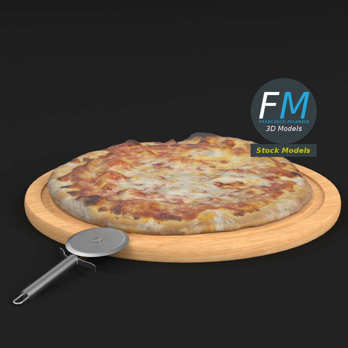 3D-Modell - Pizza und Pizzaschneider auf Brett - 03
