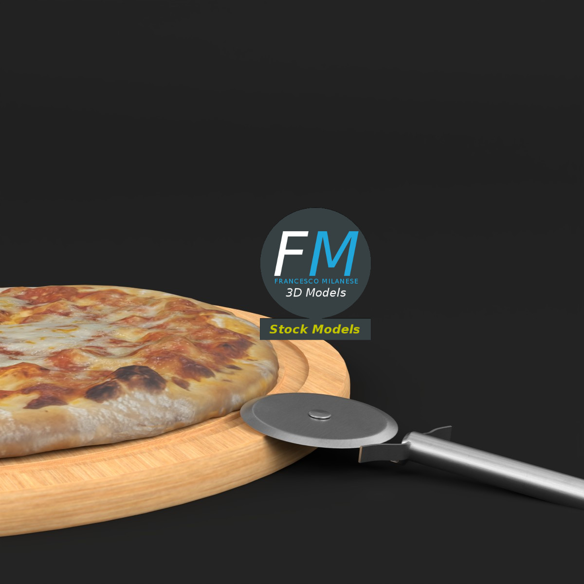 3D-Modell - Pizza und Pizzaschneider auf Brett - 04