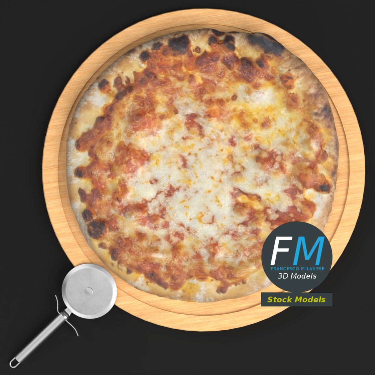 3D-Modell - Pizza und Pizzaschneider auf Brett - 06