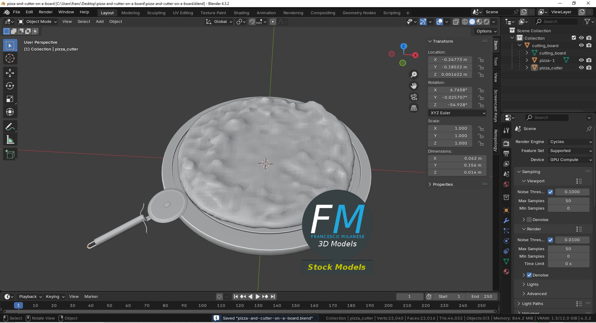3D-Modell - Pizza und Pizzaschneider auf Brett - 09