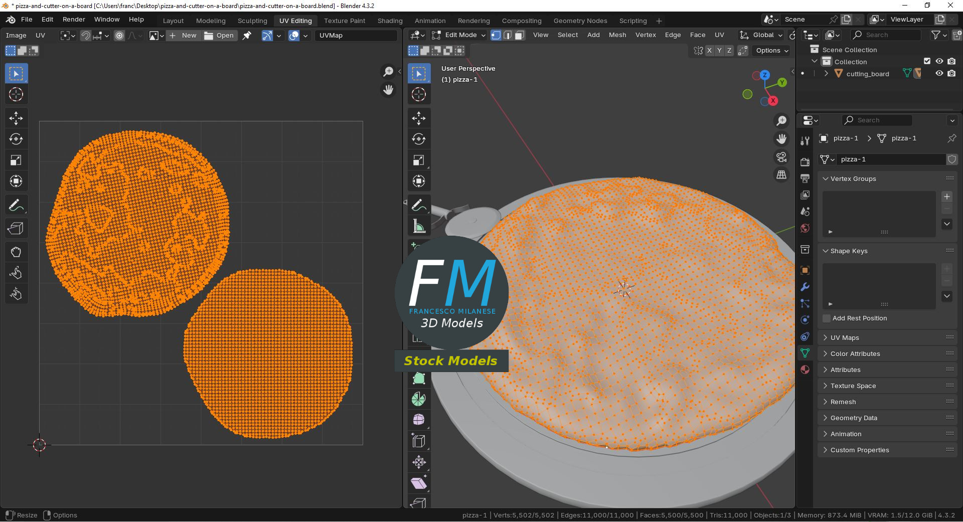 3D-Modell - Pizza und Pizzaschneider auf Brett - 10