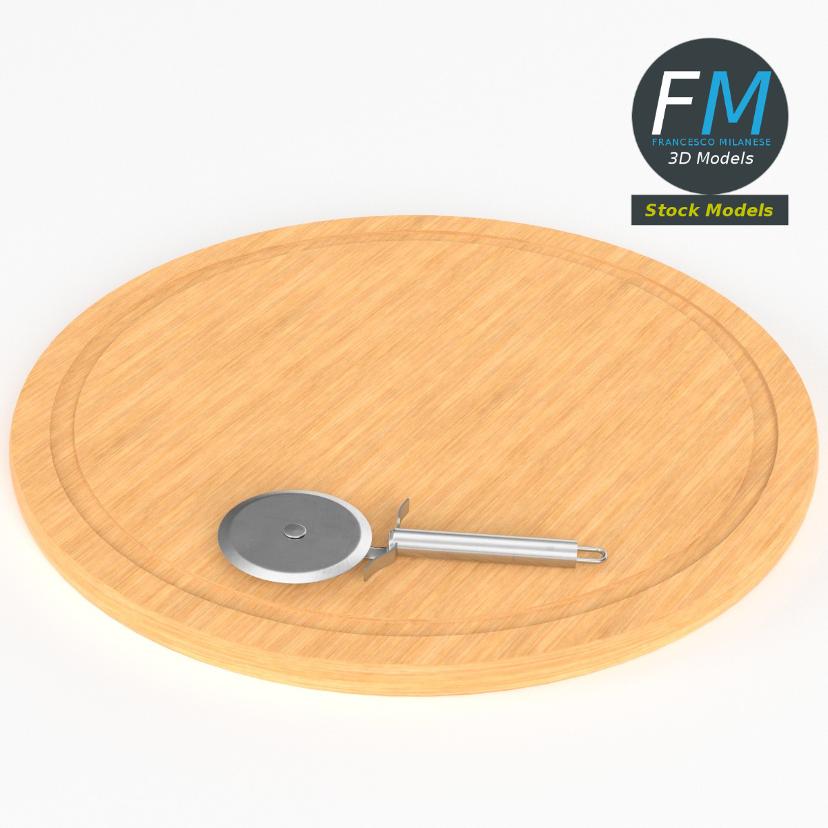 3D-Modell - Pizzaschneider auf Schneidebrett - 02