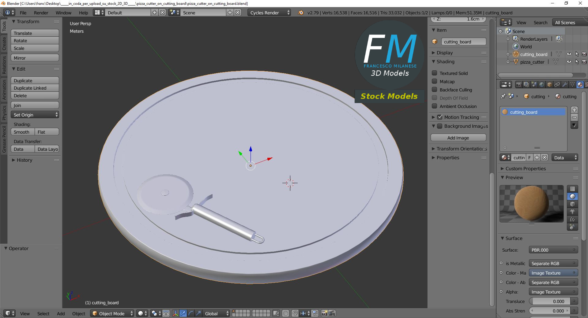 3D-Modell - Pizzaschneider auf Schneidebrett - 09