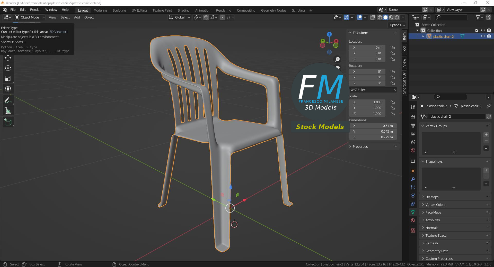 3D-Modell - Kunststoffstuhl mit Geschlitzter Rückenlehne - 09