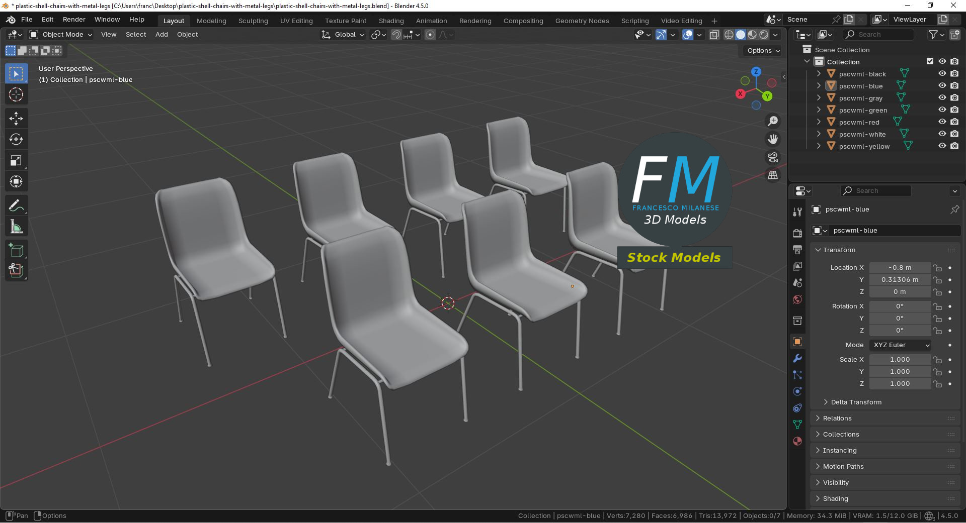 3D-Modell - Kunststoff-Schalenstühle mit Metallbeinen - 09