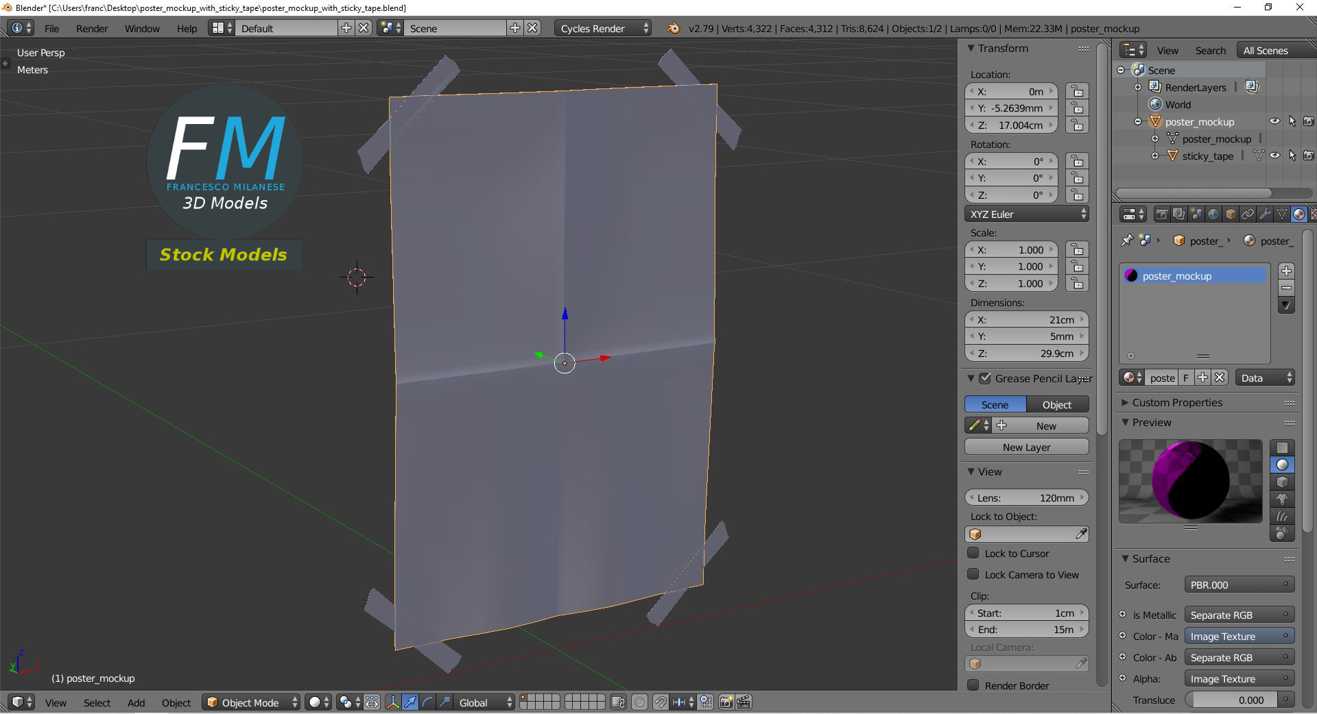 3D-Modell - Poster-Mockup mit Klebeband - 09