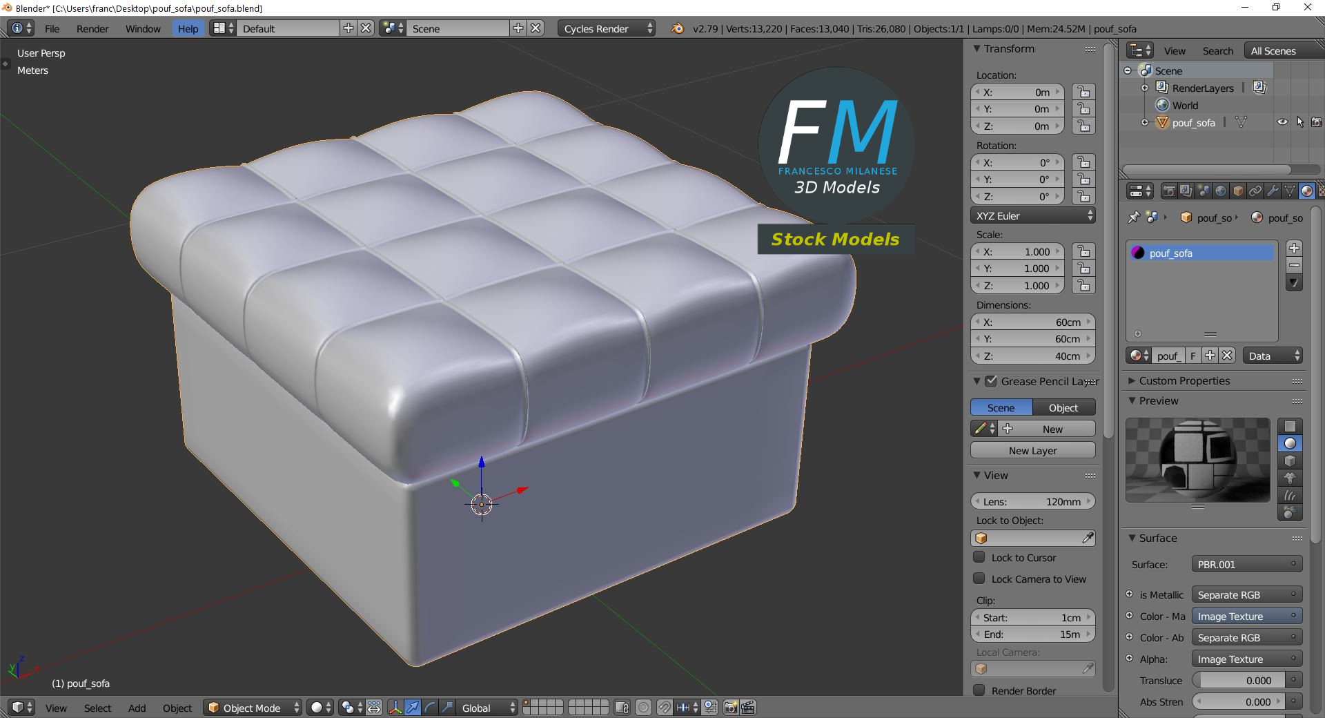 3D-Modell - Quadratischer Gepolsterter Pouf - 09