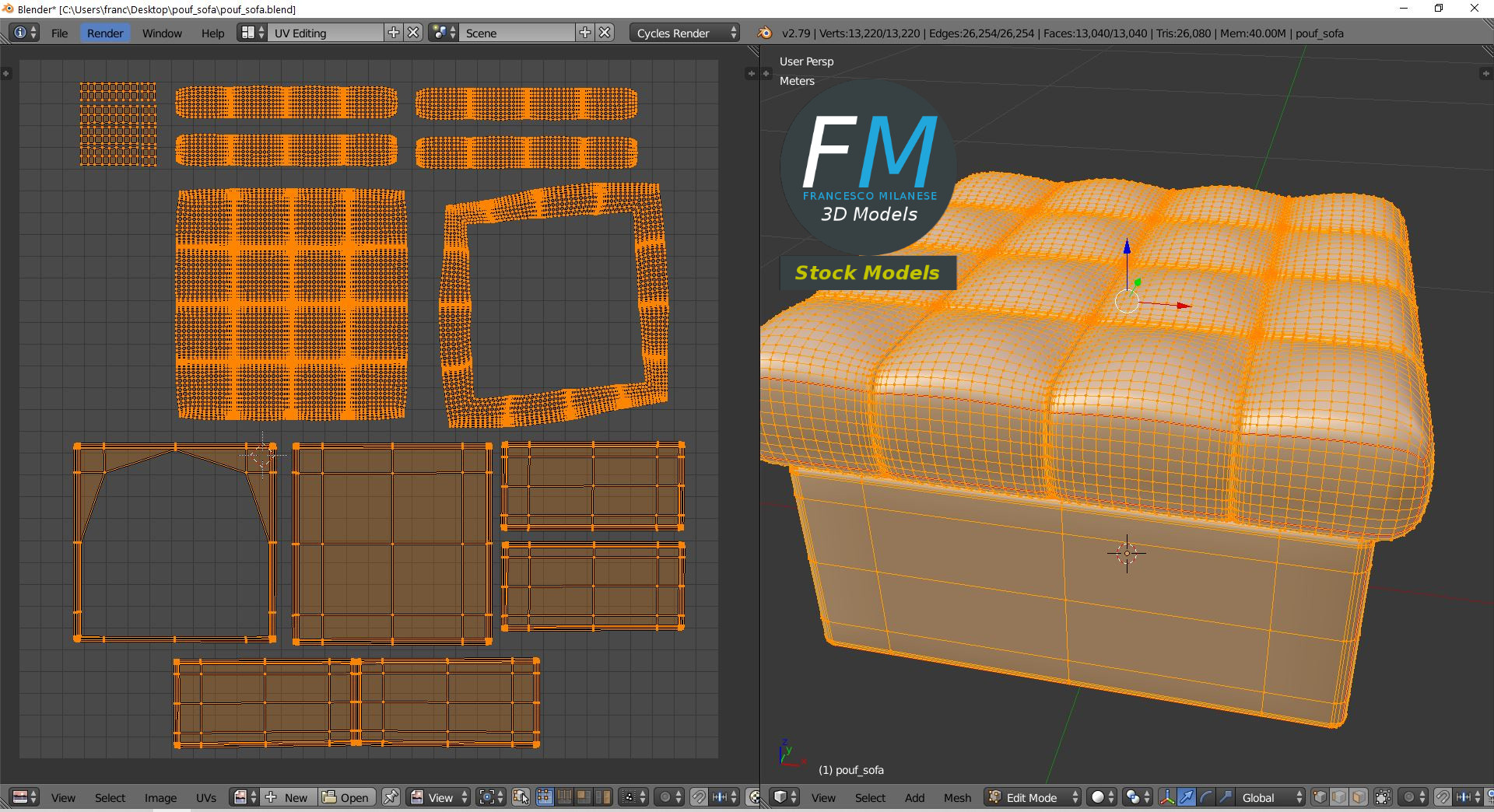 3D-Modell - Quadratischer Gepolsterter Pouf - 10