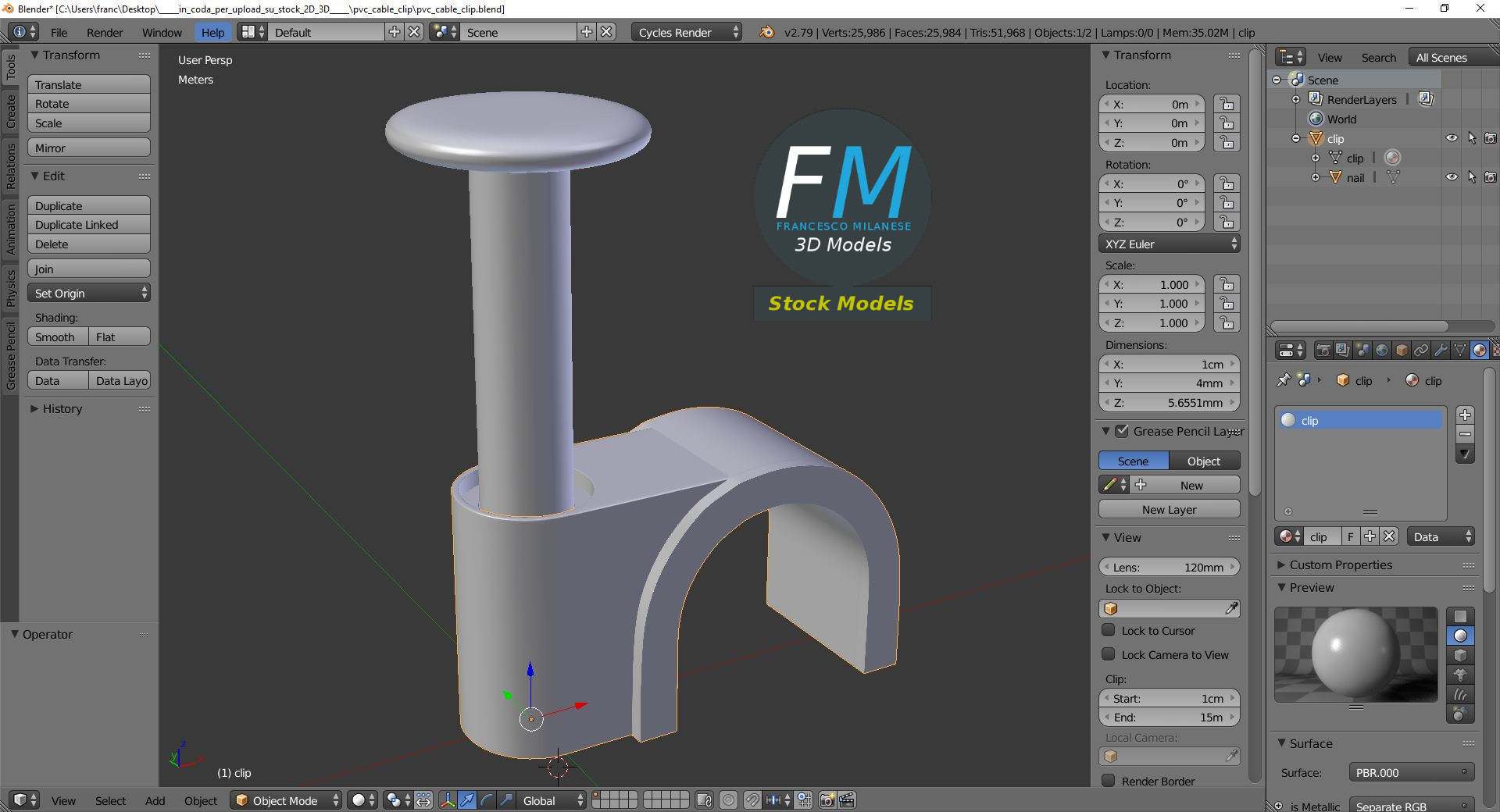 3D-Modell - PVC-Kabelclip mit Nagel - 09