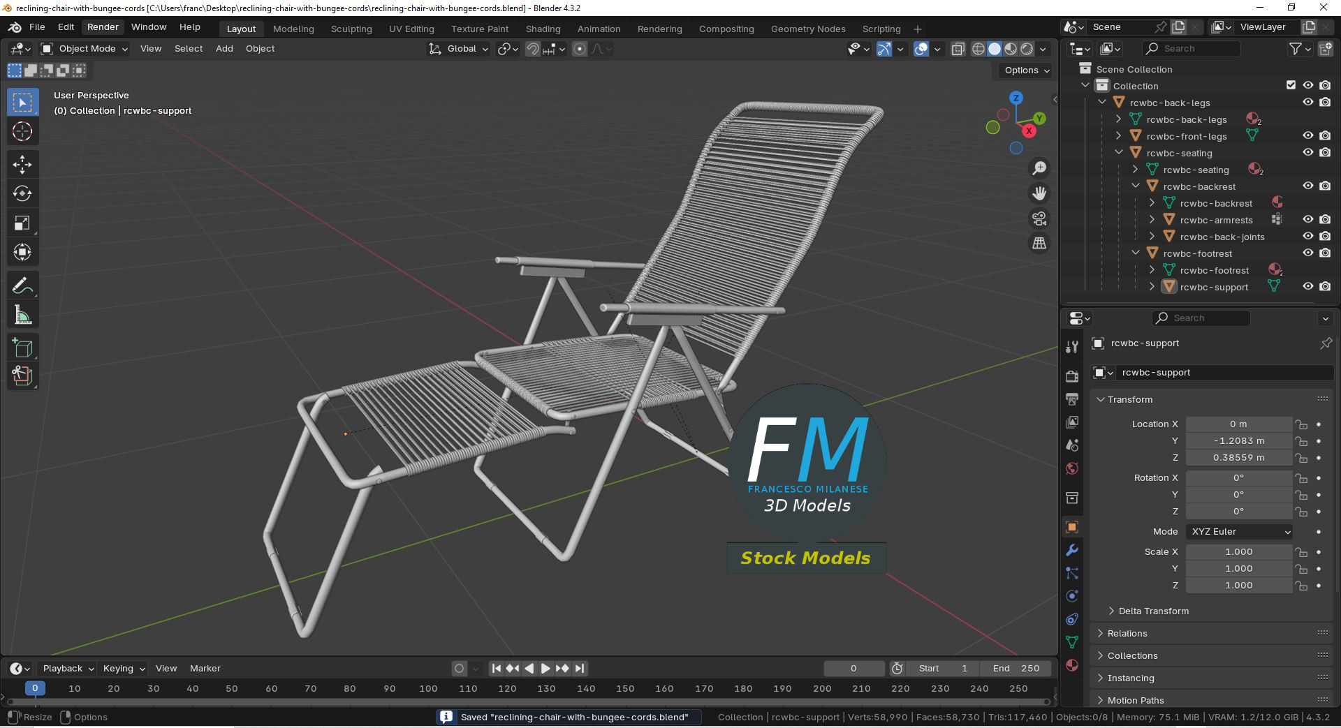 3D-Modell - Verstellbarer Liegestuhl mit Elastikschnüren - 09