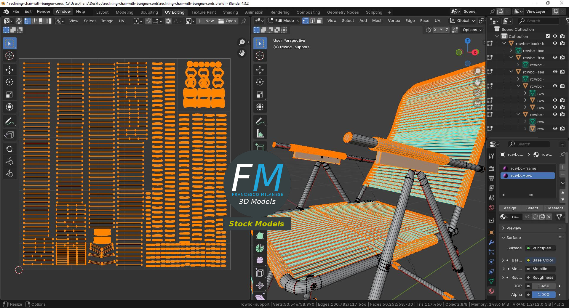 3D-Modell - Verstellbarer Liegestuhl mit Elastikschnüren - 10
