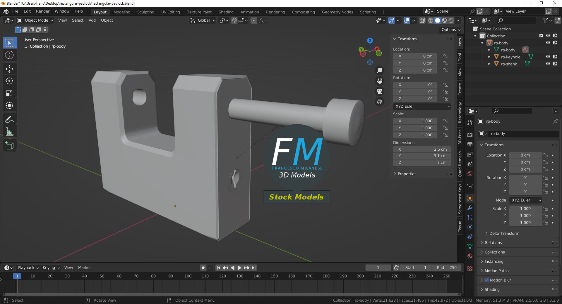 3D-Modell - Rechteckiges Vorhängeschloss - 09