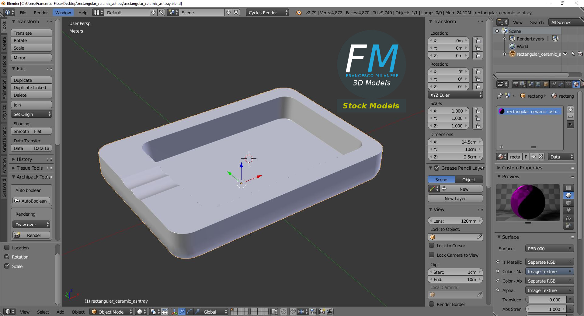 3D-Modell - Rechteckiger Keramikaschenbecher - 09