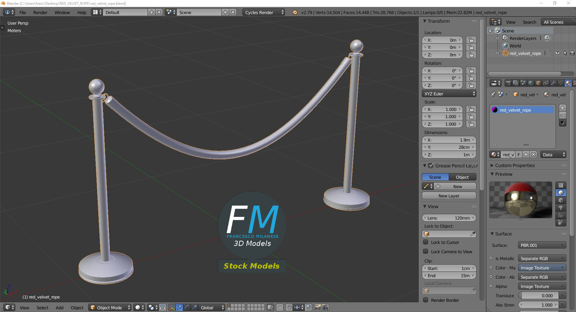 3D-Modell - Absperrung mit Rotem Samtseil - 09