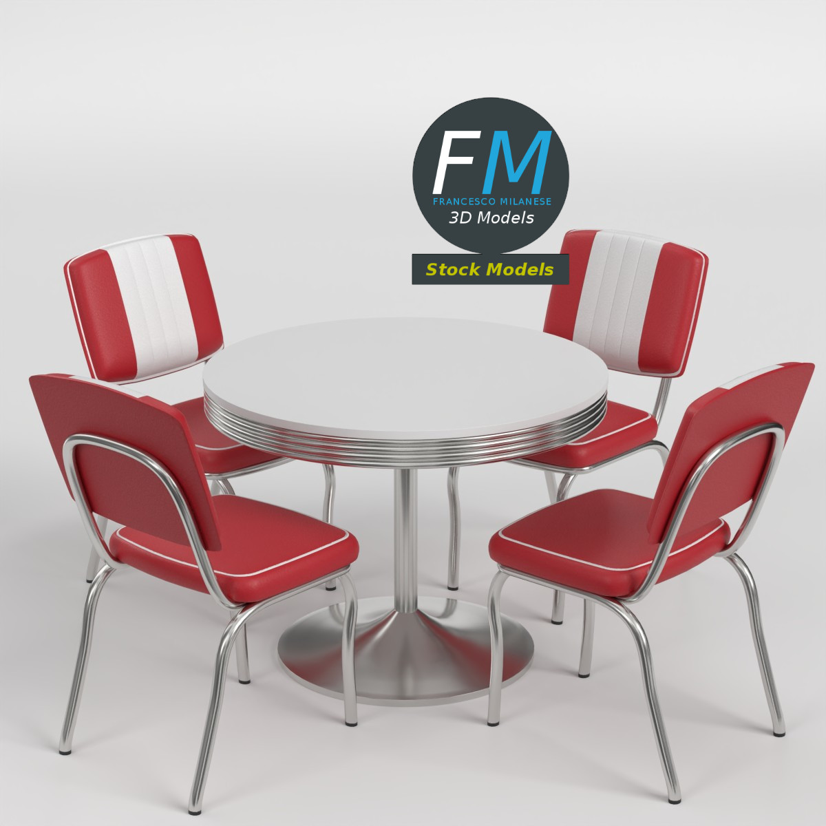 3D-Modell - Retro-Dinertisch und Stühle - 01