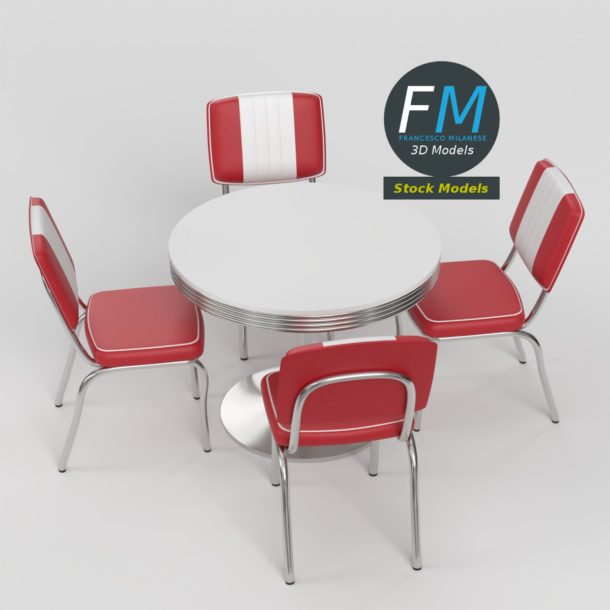 3D-Modell - Retro-Dinertisch und Stühle - 02
