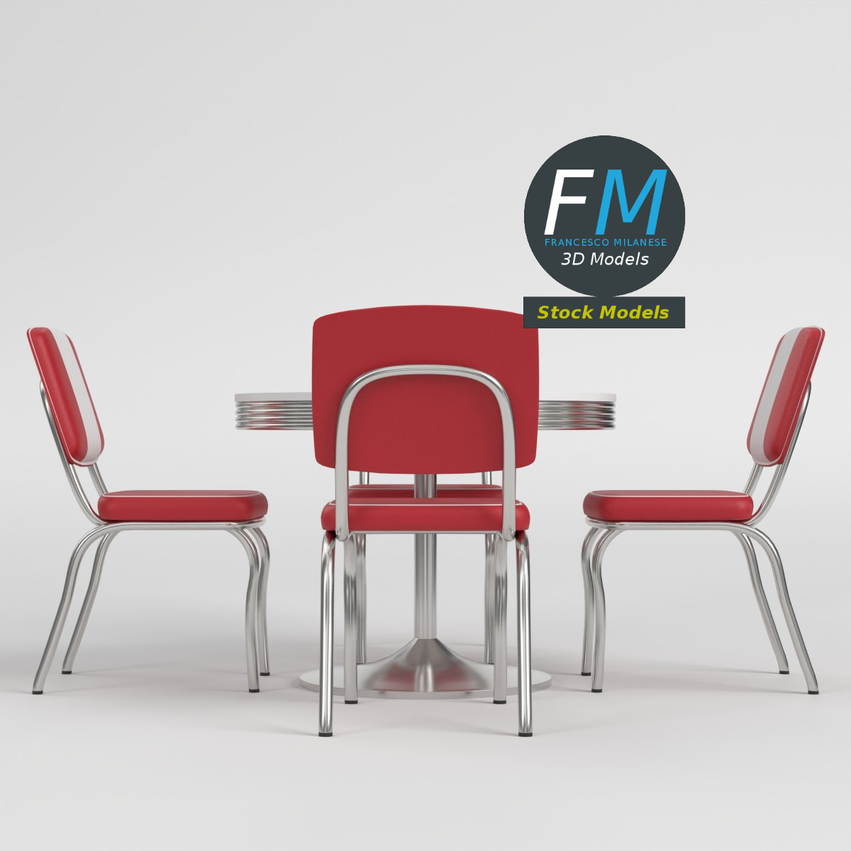 3D-Modell - Retro-Dinertisch und Stühle - 03