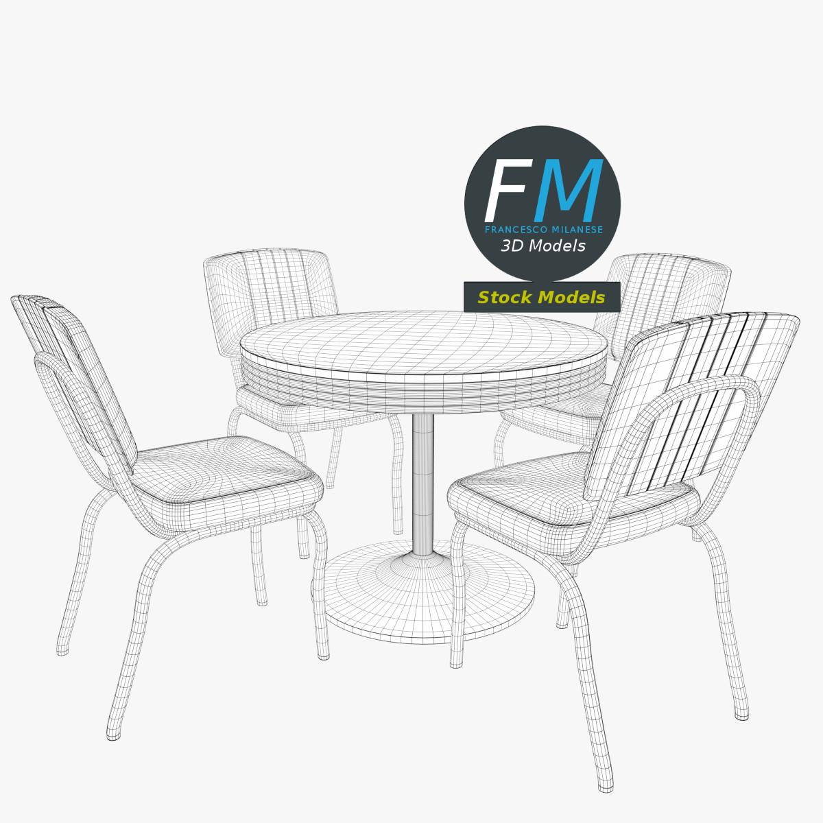 3D-Modell - Retro-Dinertisch und Stühle - 07