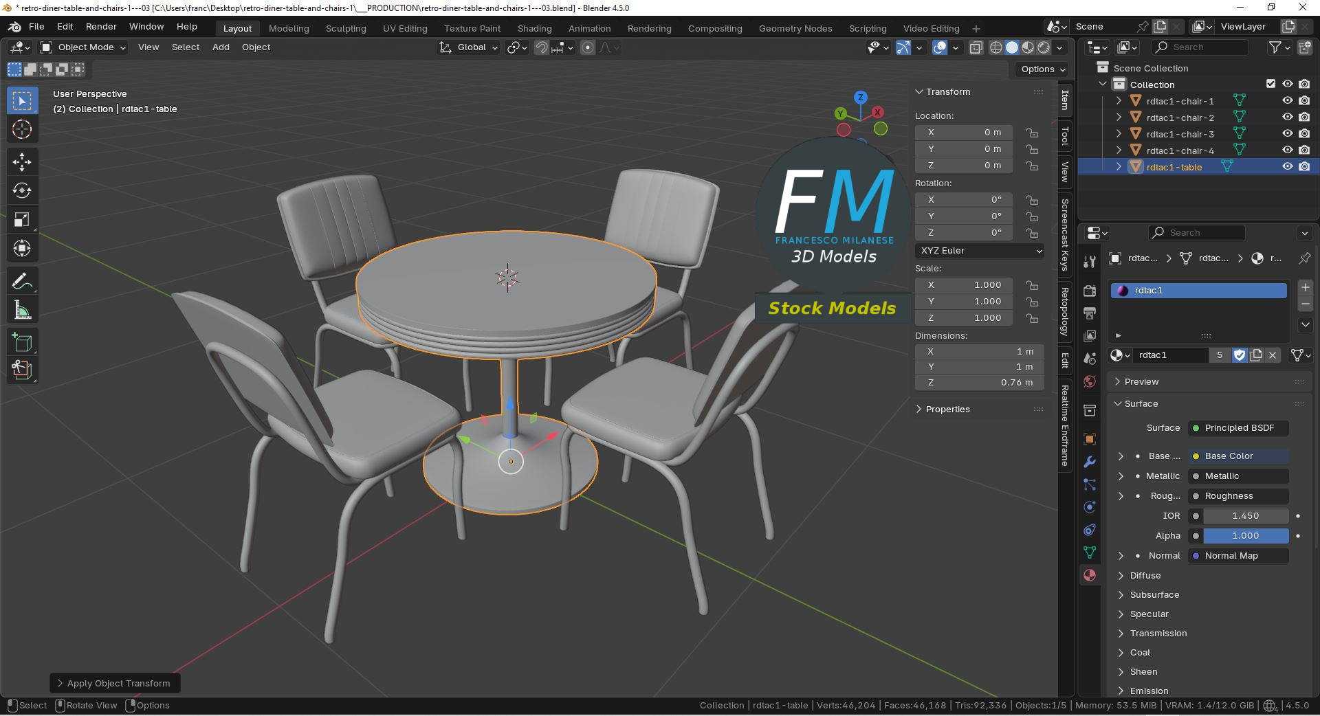 3D-Modell - Retro-Dinertisch und Stühle - 09