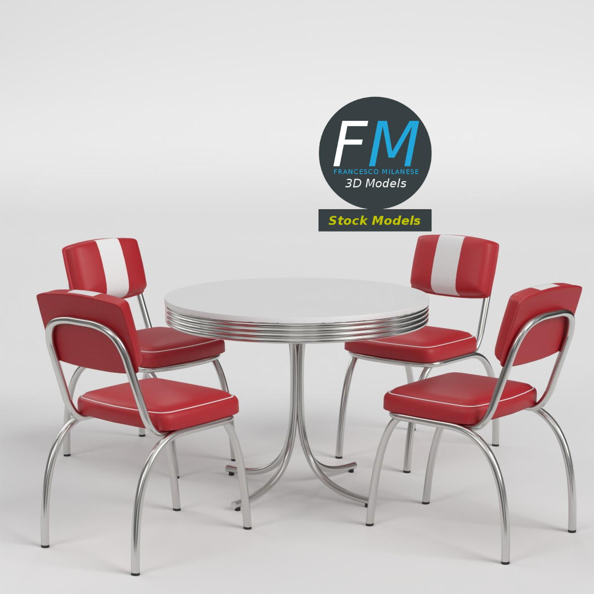 3D-Modell - Retro-Dinertisch und Stühle - 01
