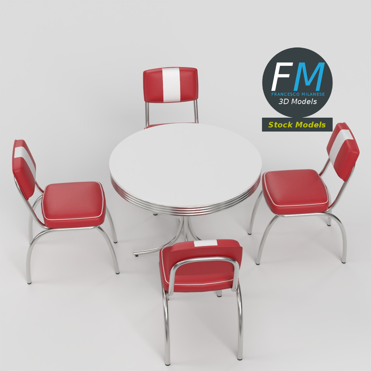3D-Modell - Retro-Dinertisch und Stühle - 02