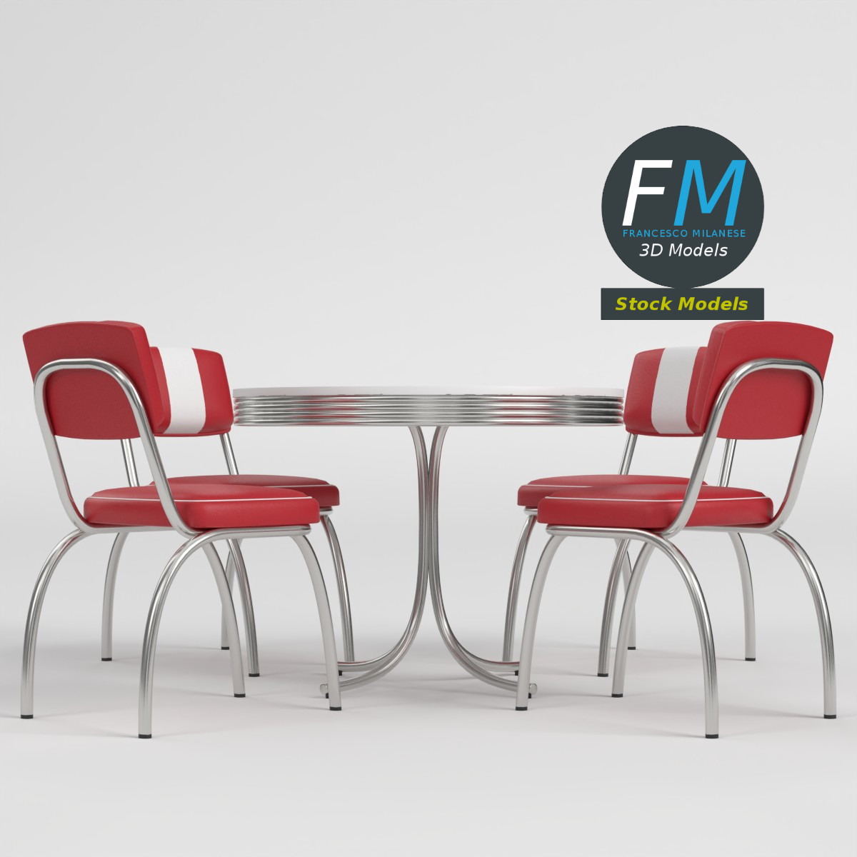 3D-Modell - Retro-Dinertisch und Stühle - 03