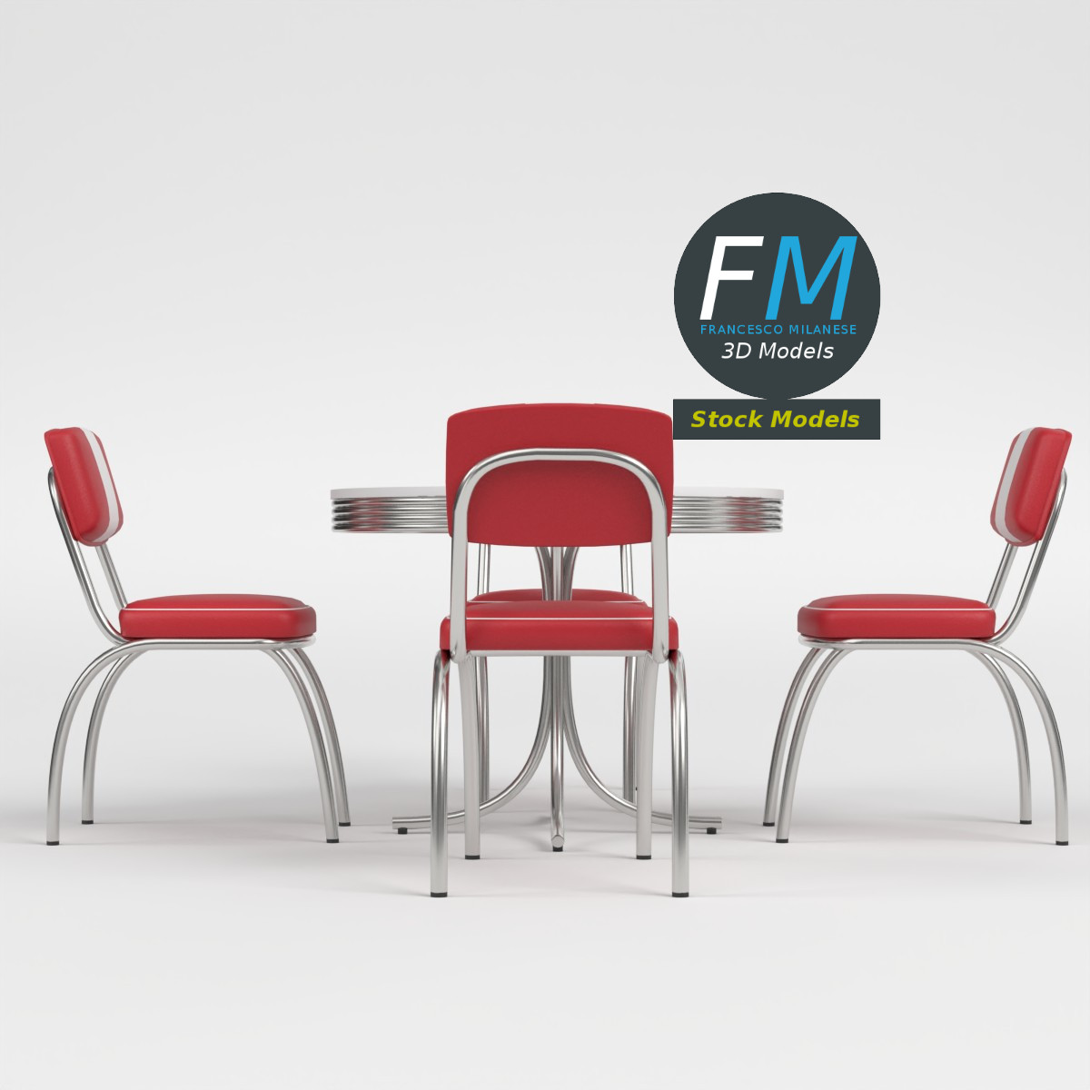 3D-Modell - Retro-Dinertisch und Stühle - 04