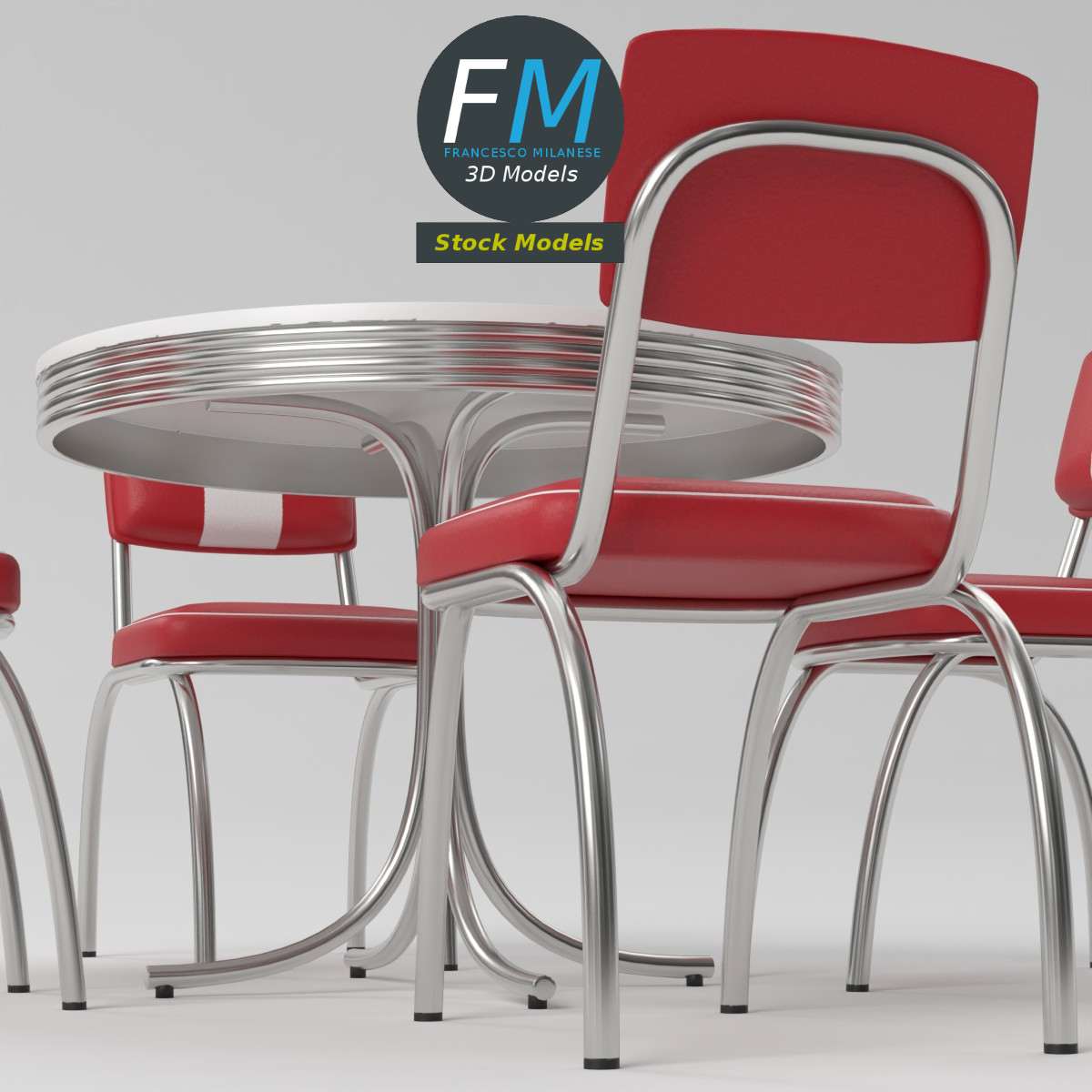 3D-Modell - Retro-Dinertisch und Stühle - 05