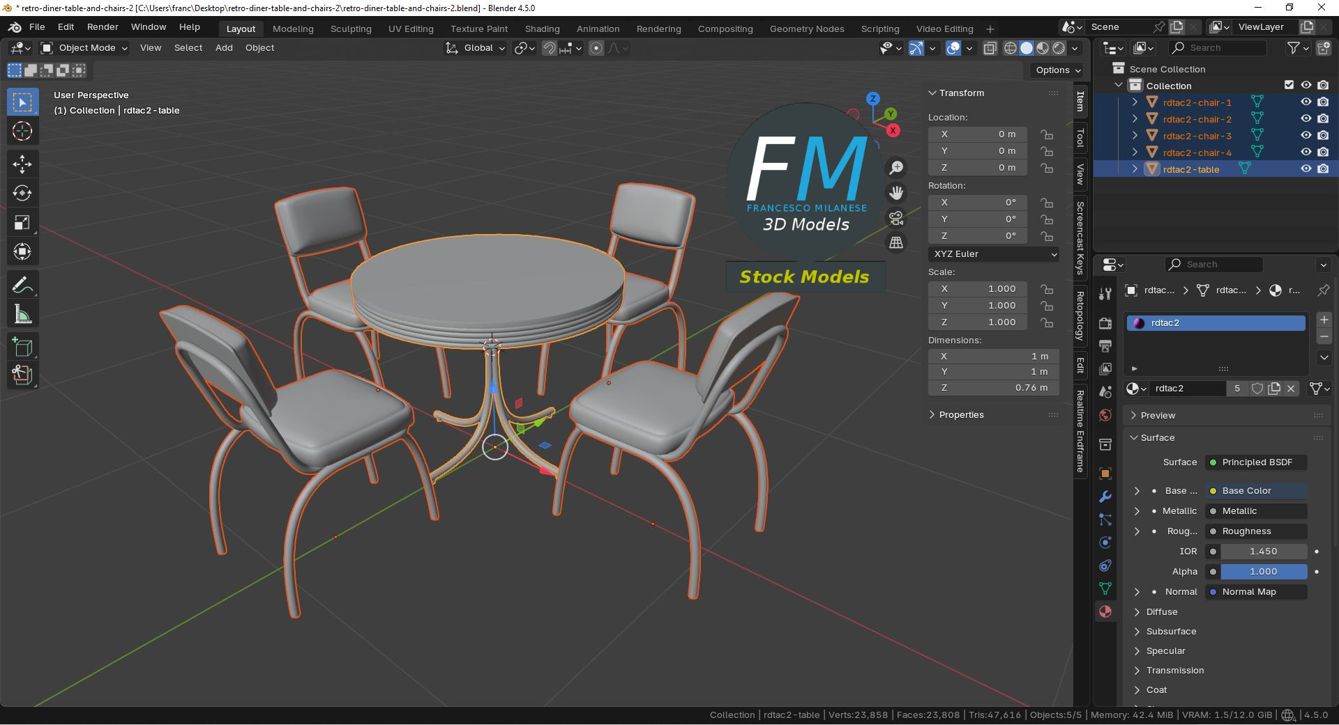 3D-Modell - Retro-Dinertisch und Stühle - 09