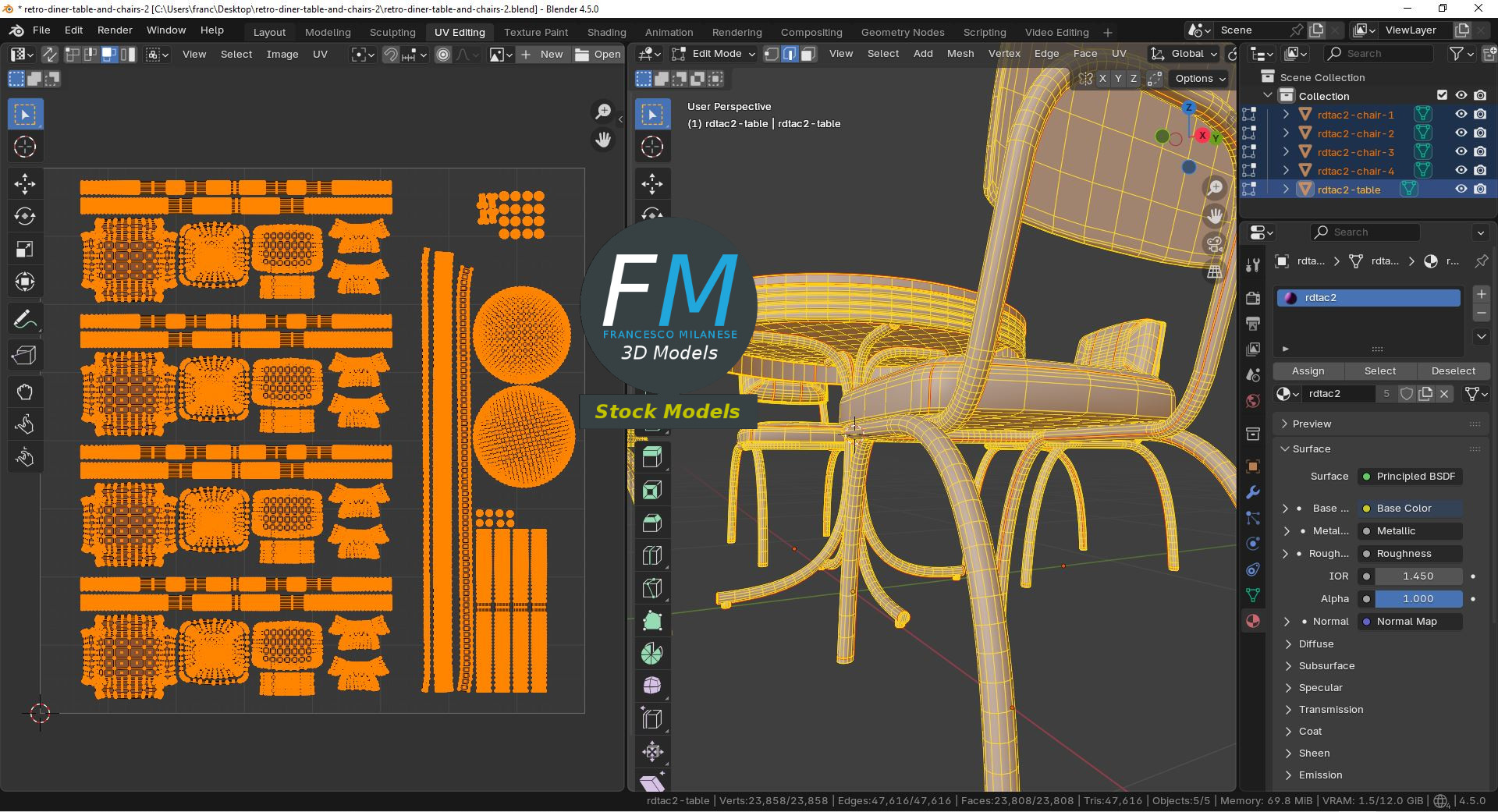 3D-Modell - Retro-Dinertisch und Stühle - 10