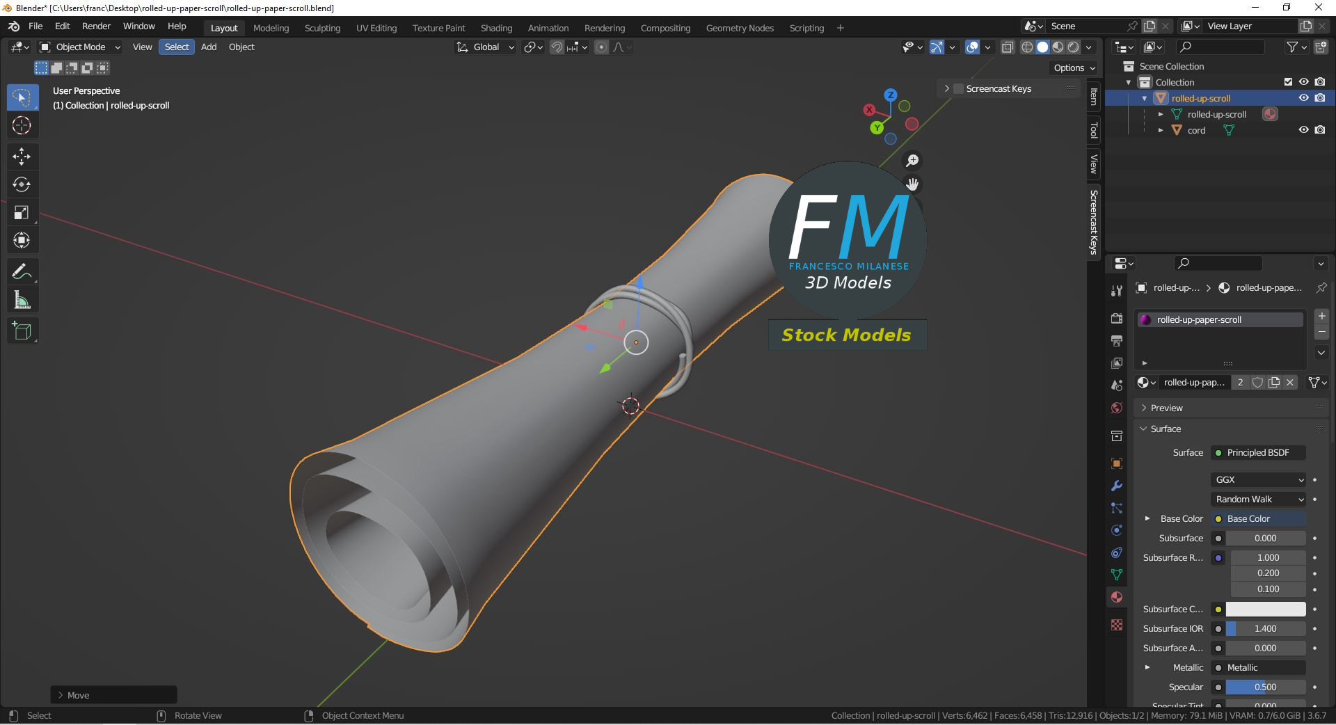 3D-Modell - Aufgerollte Papierrolle - 09