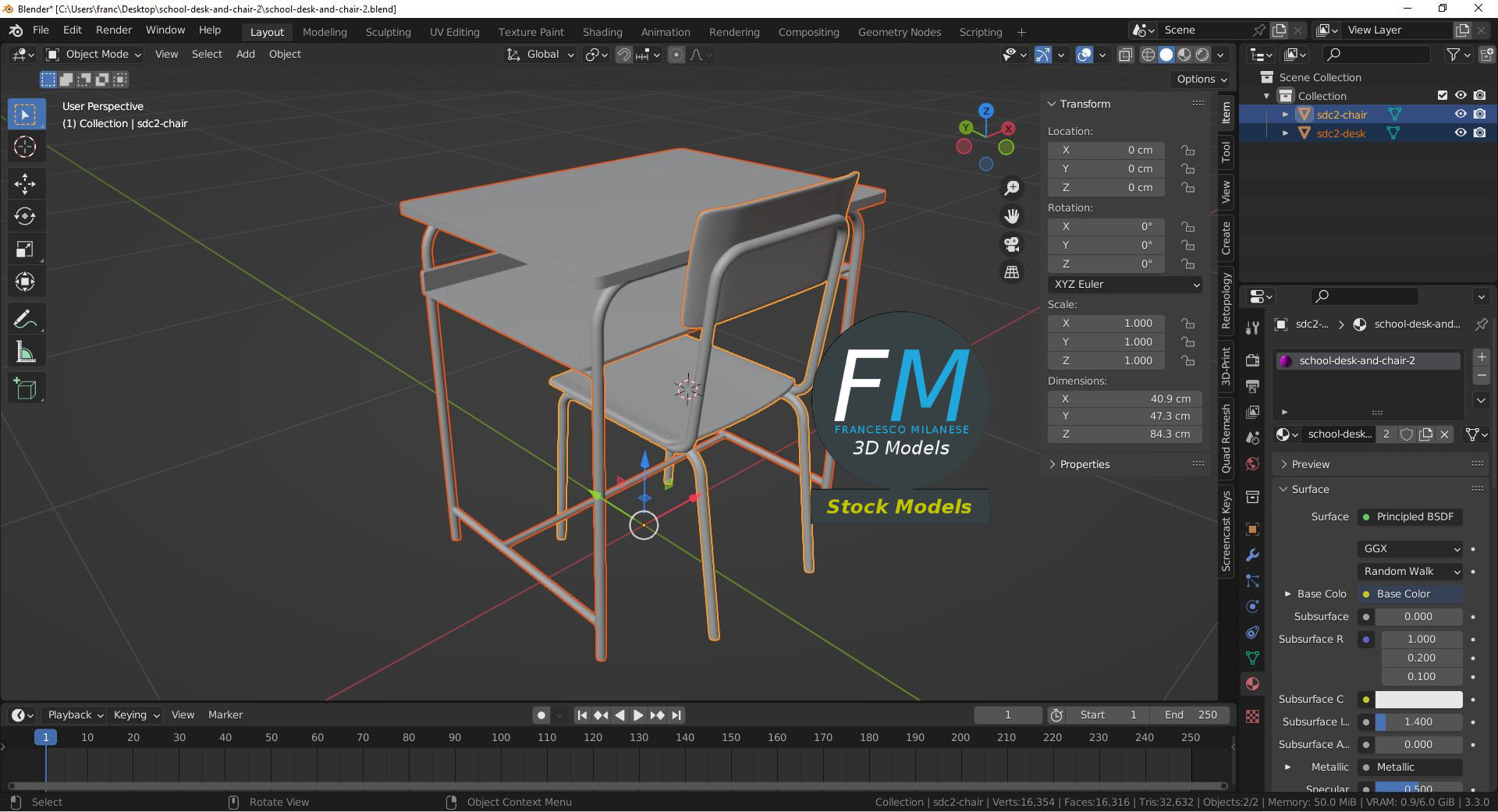 3D-Modell - Schulbank und Stuhl - 09