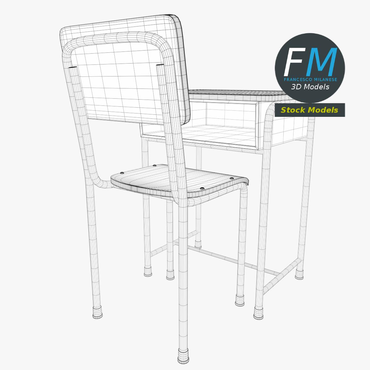 3D-Modell - Schulbank und Stuhl - 08